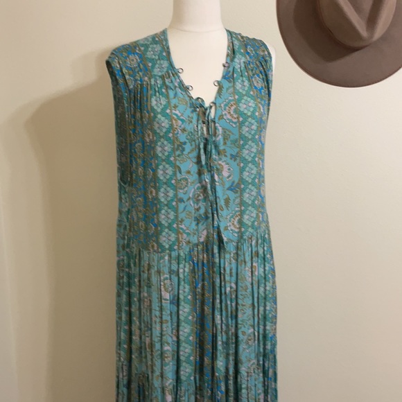 FREE PEOPLE Blue Boho Floral Print Crinkle Maxi Dress Teal Hanalei Bay - Picture 12 of 16